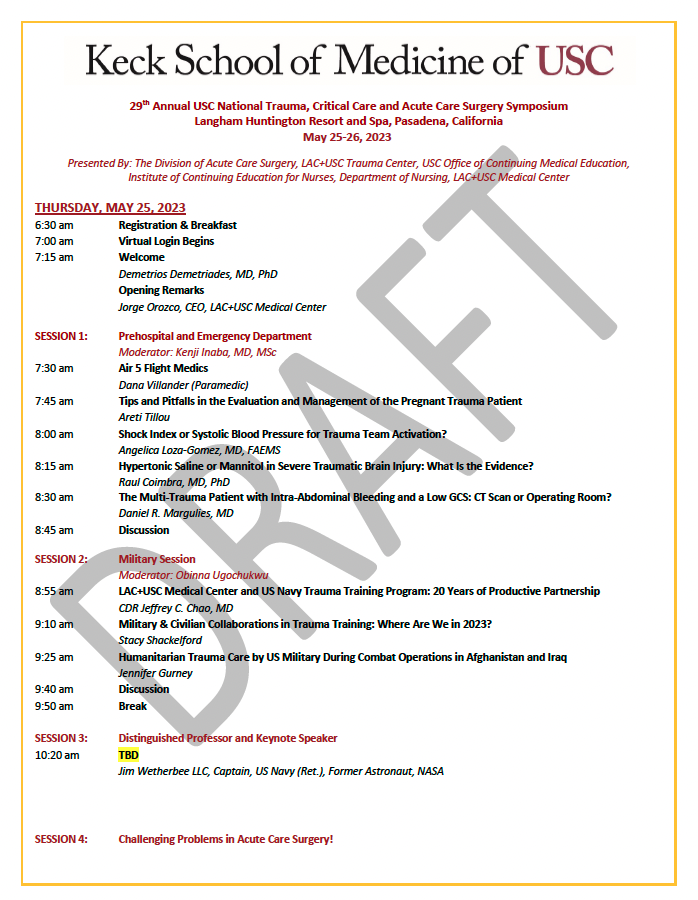 29th Annual USC National Trauma, Critical Care and Acute Care Surgery Symposium Banner